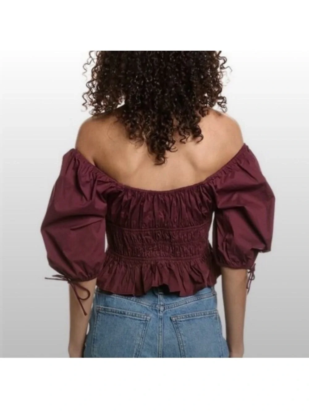 STAUD Faye Gathered Puff-Sleeve Crop Top Cotton in Plum Women’s size XL